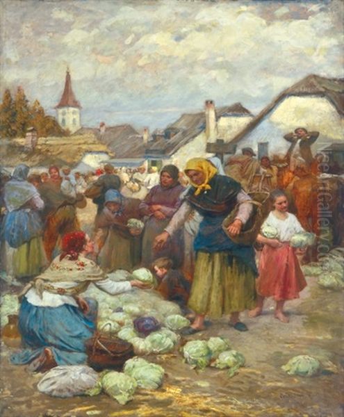 Vegetable-market Oil Painting by Lajos Deak Ebner