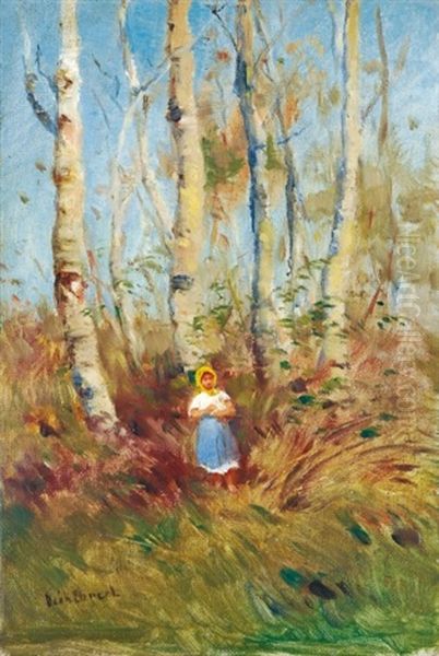 Little Girl In The Forest Oil Painting by Lajos Deak Ebner