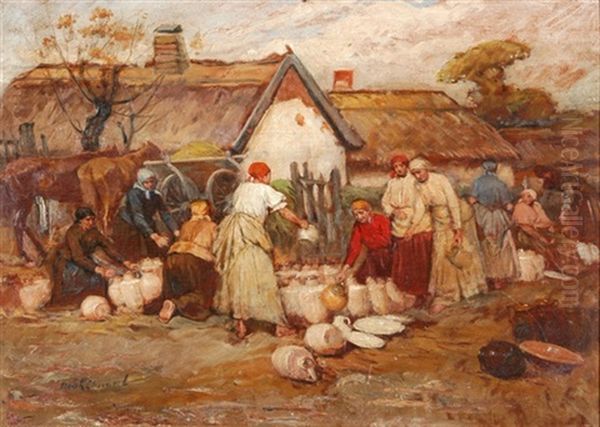 Landliche Marktszene Mit Topferwaren Oil Painting by Lajos Deak Ebner