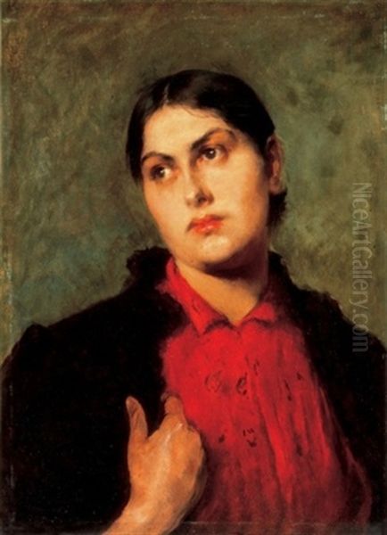 Lany Piros Bluzban (girl In Red Blouse) Oil Painting by Lajos Deak Ebner