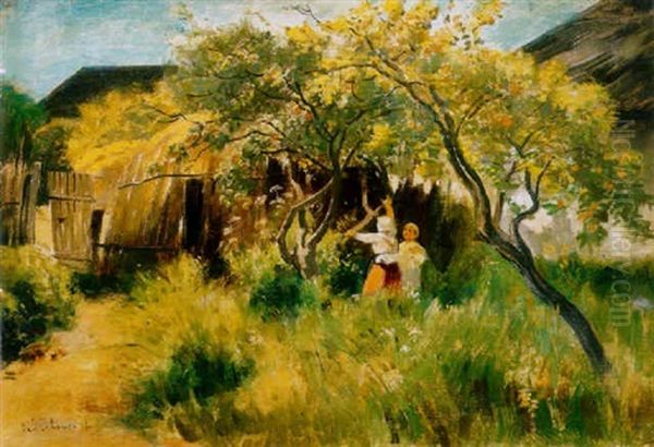 Gyumolcsszuret (fruit Harvest) Oil Painting by Lajos Deak Ebner