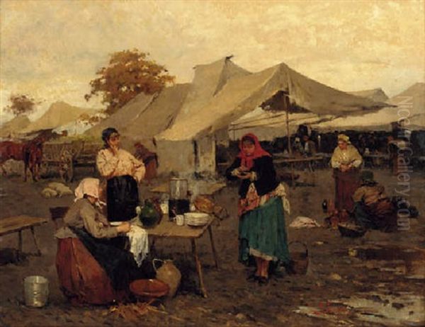 Preparing Coffee At The Encampment Oil Painting by Lajos Deak Ebner