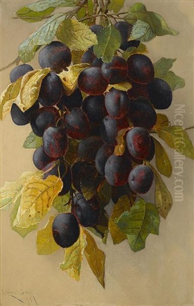 A Still Life With Plums Oil Painting by Edwin Deakin