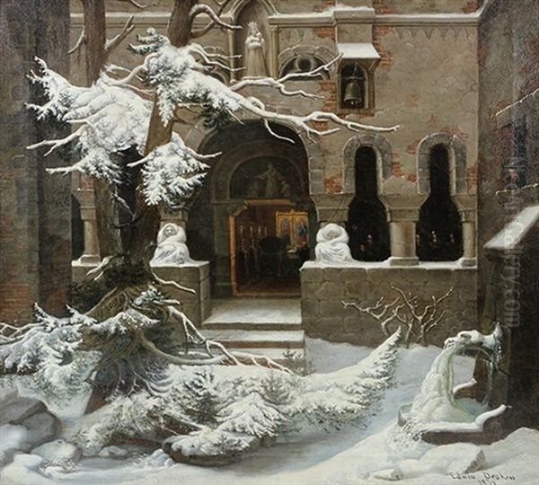 Monastery In Winter Oil Painting by Edwin Deakin