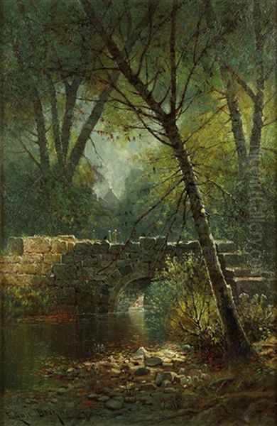 Bridge Over A Wooded Stream Oil Painting by Edwin Deakin