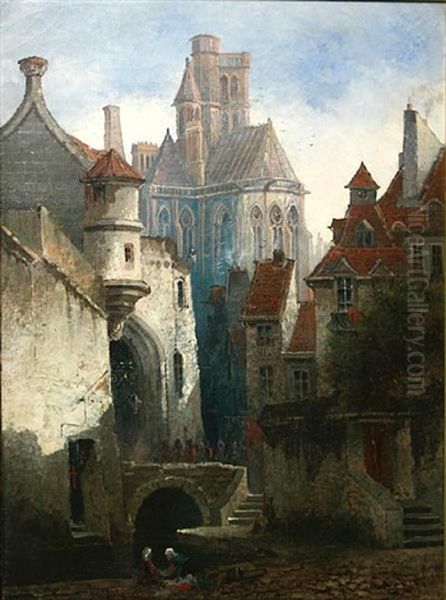 Women Doing Laundry With A Cathedral In The Background Oil Painting by Edwin Deakin