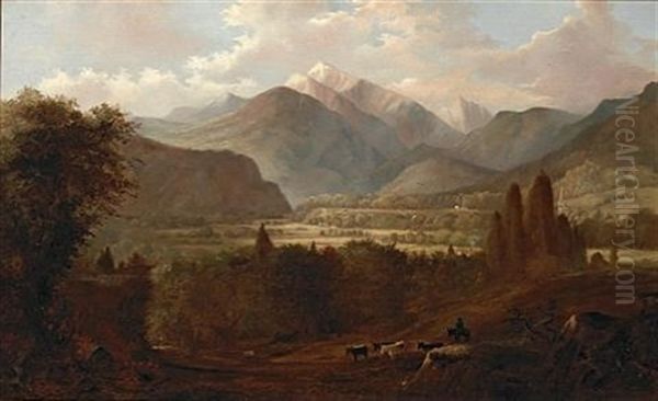 A Valley Landscape With Cattle And Snow-capped Mountains Beyond Oil Painting by Edwin Deakin