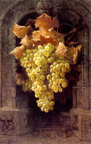 A Still Life With Grapes (+ Sketch Of An Armorial Device, Verso) Oil Painting by Edwin Deakin