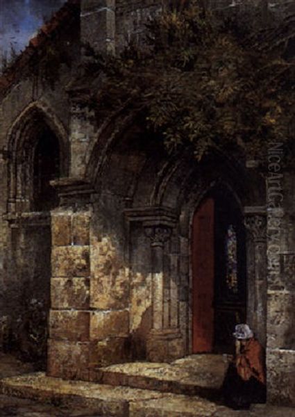 Woman On Church Steps Oil Painting by Edwin Deakin