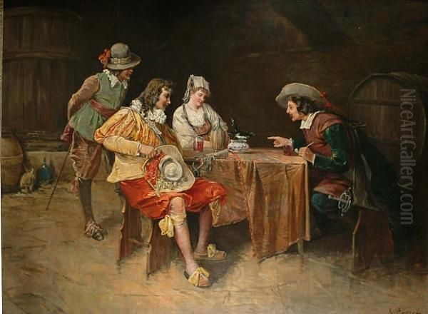 Figures Around A Table With A Song Bird Oil Painting by E. Appert