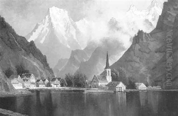 Village In The Swiss Alps Oil Painting by Edwin Deakin