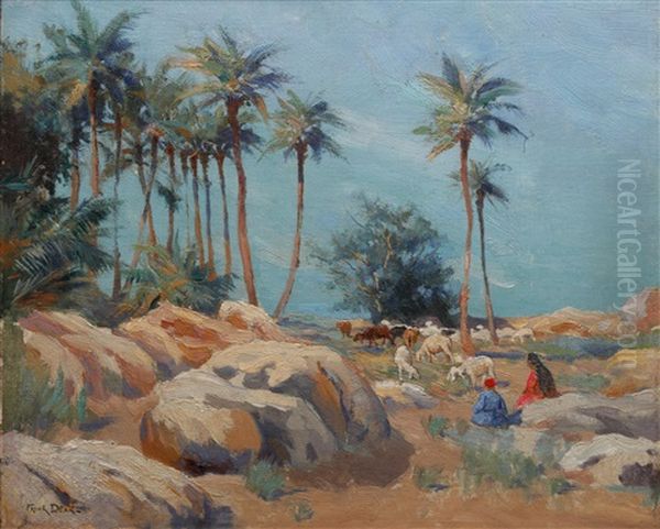 Goat Herders In A Middle Eastern Landscape Oil Painting by Frank Dean