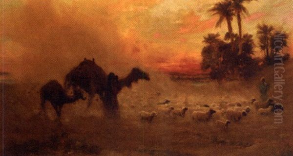 Herding Sheep By The Nile Oil Painting by Frank Dean