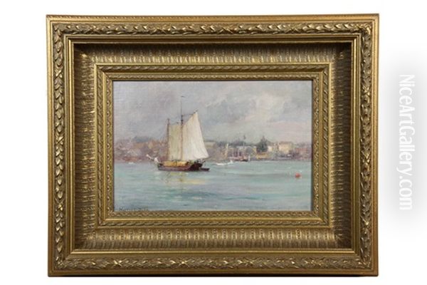 Schooner In Gloucester Harbor Oil Painting by Walter Lofthouse Dean