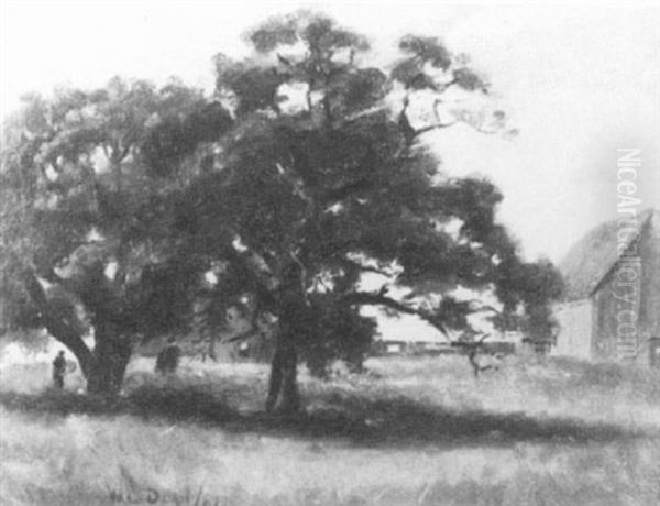 Landscape With Trees, Figures And Barn Oil Painting by Walter Lofthouse Dean