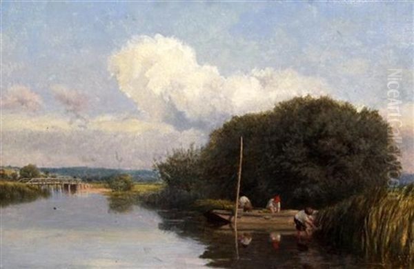 River Landscape With Reed Cutters Oil Painting by John Henry Dearle