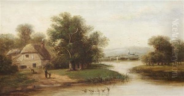 Figures In A River Landscape Oil Painting by John Dearman