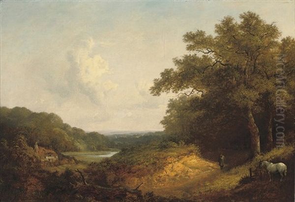 Figure With A Pony By A Track In An Extensive Wooded Landscape, Near Guildford Oil Painting by John Dearman