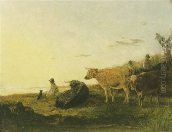 A Landscape At Dawn With Figures And Cattle Resting In The Foreground Oil Painting by John Dearman