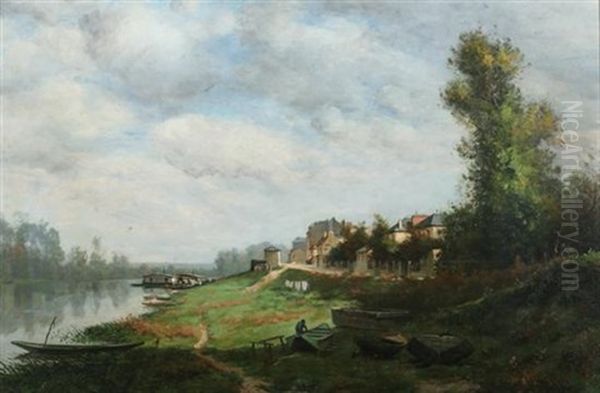 Boathouses Along River Oil Painting by Louis-Lucien D'eaubonne