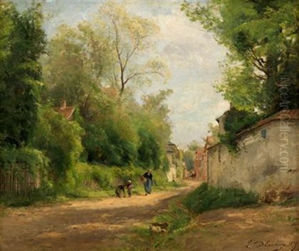 Woman And Children On A Sunlit Path Oil Painting by Louis-Lucien D'eaubonne