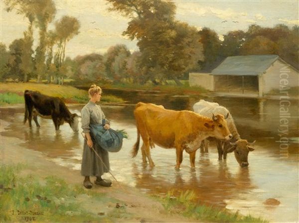 Peasant Woman With Cows By A River Oil Painting by Edouard Bernard Debat-Ponsan