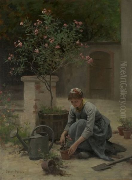 Potting Flowers Oil Painting by Edouard Bernard Debat-Ponsan