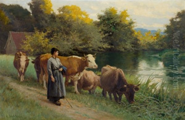 Young Woman By A Stream With Cattle Oil Painting by Edouard Bernard Debat-Ponsan