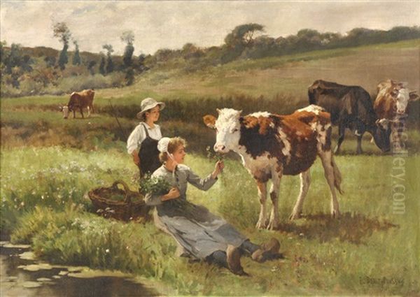 Paisaje Con Vacas Y Jovenes Campesinos Oil Painting by Edouard Bernard Debat-Ponsan