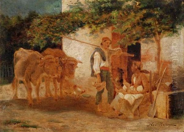 Junge Bauernfamilie Mit Kuhen Vor Dem Haus by Edouard Bernard Debat-Ponsan