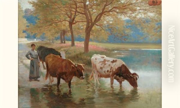 Gardeuse De Vaches Et Son Troupeau A L'abreuvoir Oil Painting by Edouard Bernard Debat-Ponsan