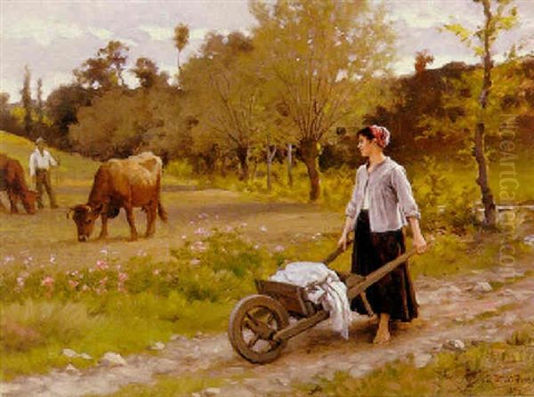 Young Woman With A Wheelbarrow Oil Painting by Edouard Bernard Debat-Ponsan