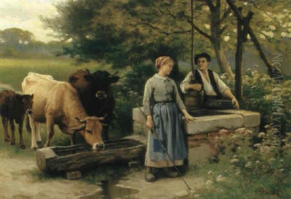 An Der Viehtranke Oil Painting by Edouard Bernard Debat-Ponsan