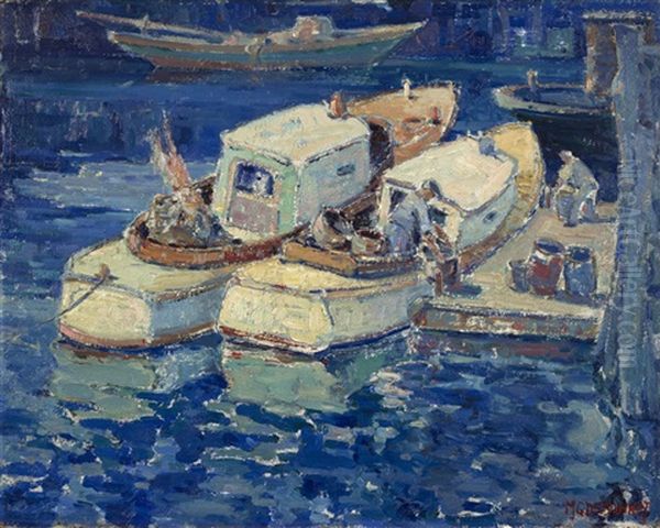 Fishing Boats With Figures Oil Painting by Maurice G. Debonnet