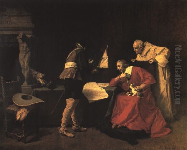 Richelieu Etudiant Les Plans D'attaque Destines Au Siege De La Rochelle Oil Painting by Louis Debras