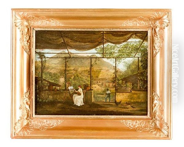 Brazilian Landscape With Lady Sitting By Easel Painting, A Servant, Under A Pergola, With View To A Village In Landscape Oil Painting by Jean-Baptiste Debret