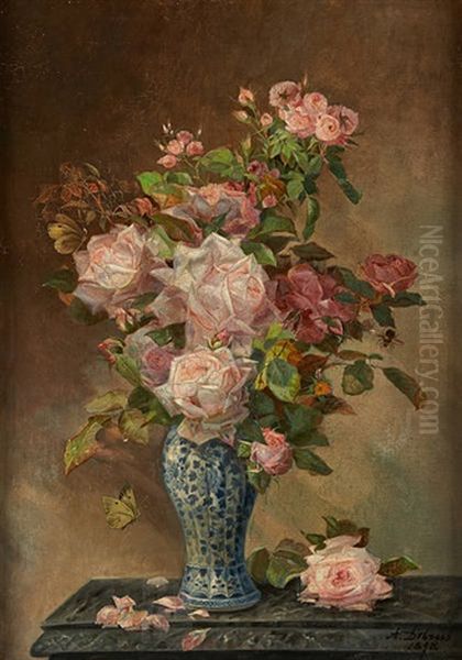 Vase Fleuri De Roses Oil Painting by Alexandre Debrus