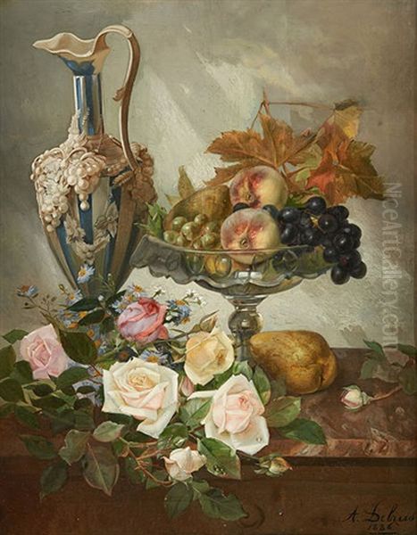 Entablement Garni De Roses Et De Fruits Oil Painting by Alexandre Debrus