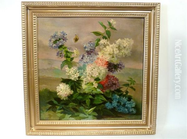 Hortensias Et Papillon Oil Painting by Alexandre Debrus