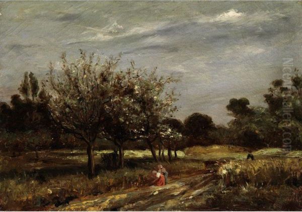 Landschaft Mit Bluhenden Obstbaumen Und Zwei Frauen Am Wegrand Oil Painting by Adolphe Appian