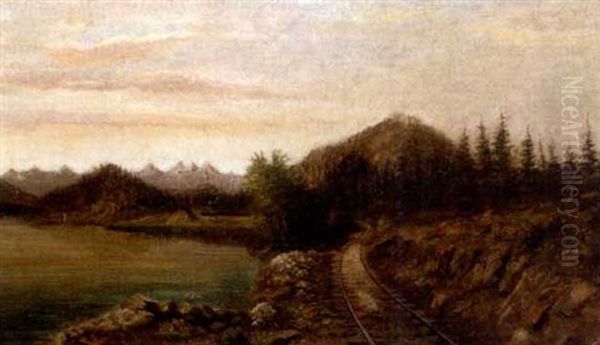 Western Landscape With Train Rounding The Bend Of A Lake Oil Painting by Ralph Earl Decamp