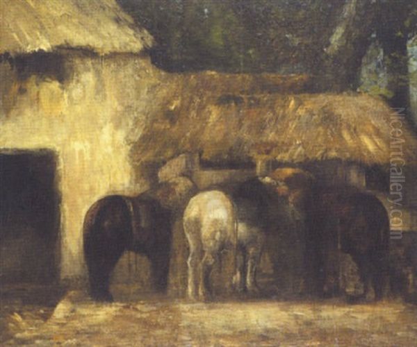 Trois Chevaux Devant Une Caumiere Oil Painting by Albert Decamps