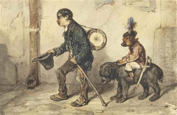 Jeune Mucisien Accompagne De Son Chien Et D'un Singe Oil Painting by Alexandre Gabriel Decamps