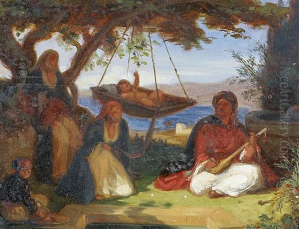 Orientalische Familie Am Flussufer Oil Painting by Alexandre Gabriel Decamps