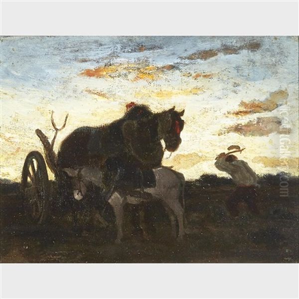 Horse And Donkey Oil Painting by Alexandre Gabriel Decamps