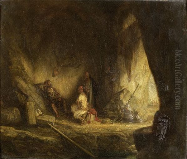 Brigands Dans Une Grotte Oil Painting by Alexandre Gabriel Decamps