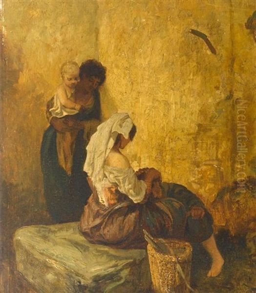 Interieur Mit Mutter Und Kinder Oil Painting by Alexandre Gabriel Decamps