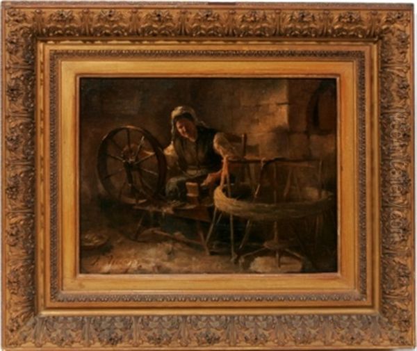 Woman Spinning Yarn Oil Painting by Alexandre Gabriel Decamps