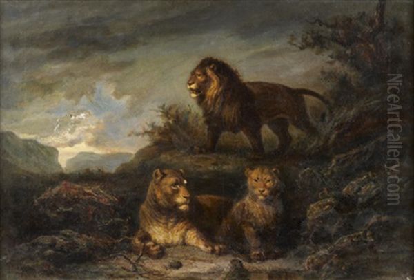 Une Famille De Lions Oil Painting by Alexandre Gabriel Decamps