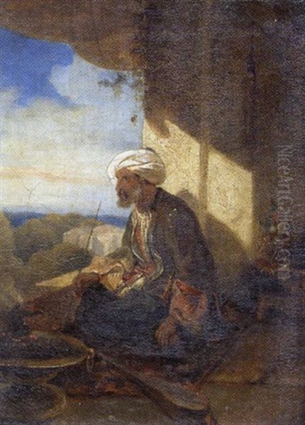 Fumeur De Narguile Sur Une Terrasse Oil Painting by Alexandre Gabriel Decamps